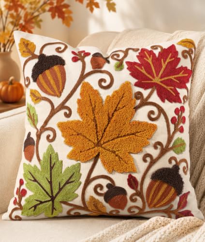 Fall Embroidered Throw Pillow Cover 18x18 Inch - Maple Acorn - Pack of 1