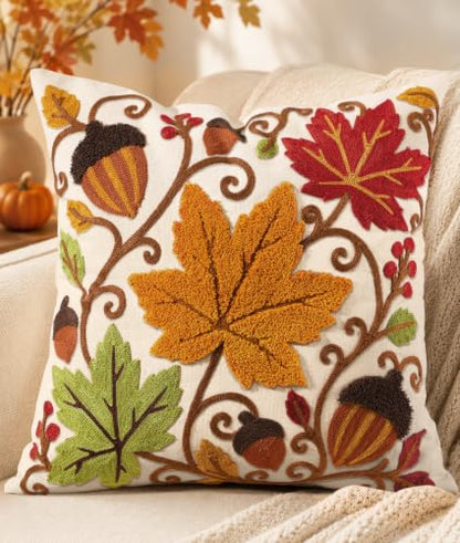 Fall Embroidered Throw Pillow Cover 18x18 Inch - Maple Acorn - Pack of 1