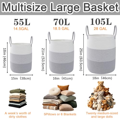 Large Woven Rope Laundry Hamper with Handles - Grey, 70L