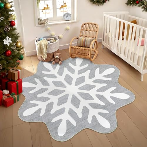 Christmas Snowflake Round Rug 4ft Grey Washable Non-Slip Low Pile Carpet for Living Room