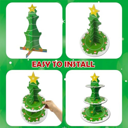 Christmas Dessert Cupcake Stand 3-Tier Green Cardboard Holder for Xmas Parties