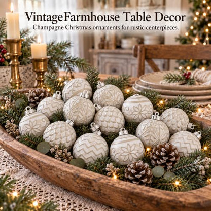 Rustic Champagne Christmas Ornaments Set 16PCS - Medium, Farmhouse Decor