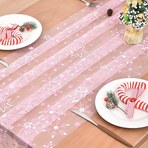Pink Snowflake Table Runner 28x120 Inches Glitter Winter Decor Set of 4
