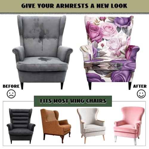 Purple Rose Wingback Chair Cover with Matching Ottoman Cover - Stretch Fabric