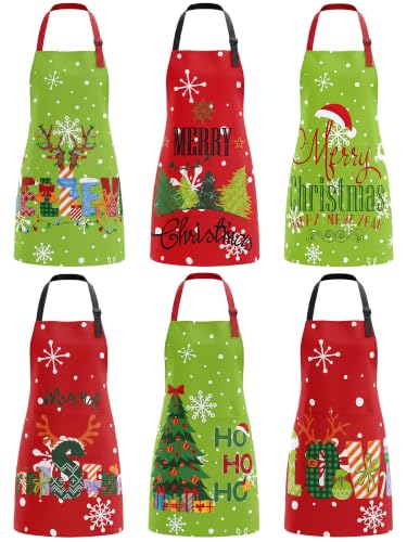 Christmas Aprons Set - Snowy Red with Pockets, 6 Pack
