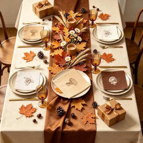 Fall Thanksgiving Cocktail Napkins with Turkey and Acorn Design - 60 Pack