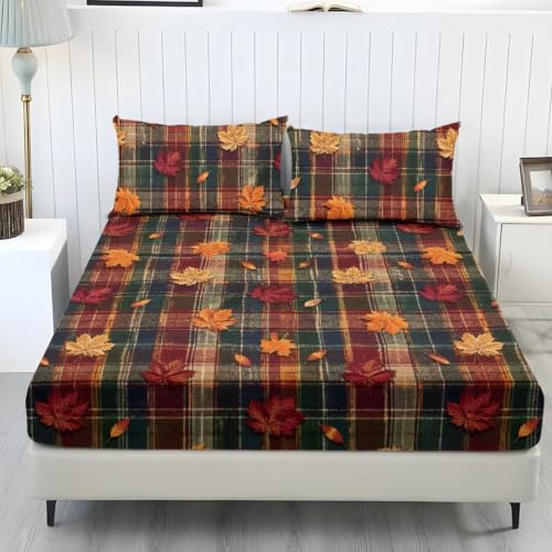 Autumn Plaid Maple Leaf Queen Fitted Sheet Set with Pillowcases - Fall Bedroom Decor