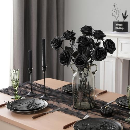 Artificial Silk Roses - Black Bouquet, 10pcs, Realistic Fake Flowers