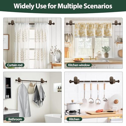 Antique Bronze Curtain Rod Set 16-30 Inches with No-Drill Adhesive Brackets and Rings