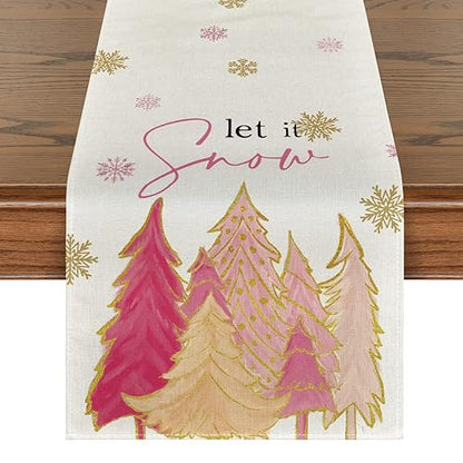 Xmas Tree Winter Table Runner 13x36 Inch Pink Holiday Home Decor