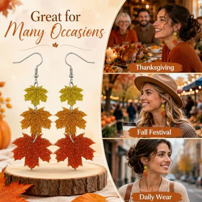 Thanksgiving Fall Maple Leaf Earrings for Women - 3 Layer Autumn Jewelry - Orange Yellow