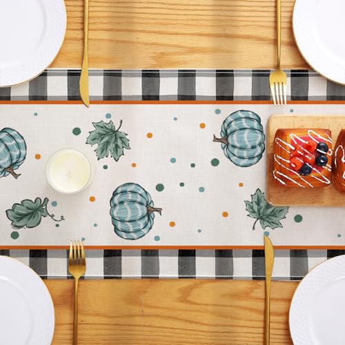 Blue Pumpkin Buffalo Plaid Fall Table Runner 13x72 Inch for Thanksgiving & Autumn Decor