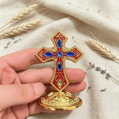 Orthodox Standing Table Cross with Enamel & Rhinestone - Religious Decor