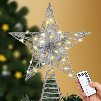 Verdenu Silver Christmas Star Tree Topper Lighted Battery Operated with Remote
