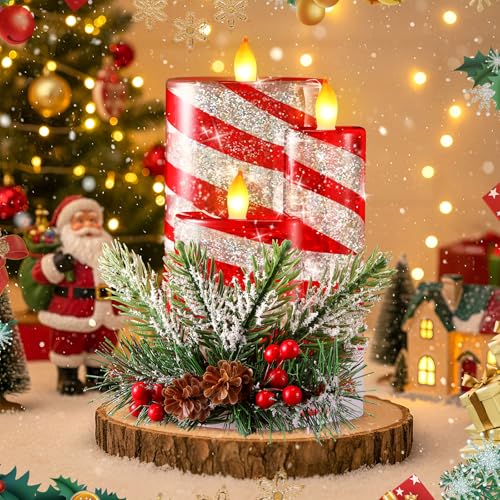 Christmas Snow Globe Flameless Candle with Spinning Glitter - Candy Color LED Tabletop Decor