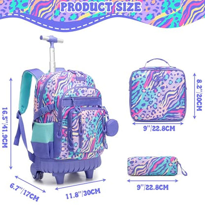Kids Rolling Backpack Set with Lunch Bag - Blue Purple Leopard, School & Travel Bag for Girls Ages 6-12
