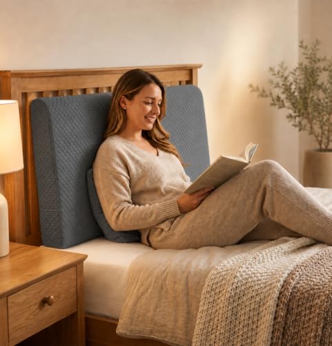 Twin Size Support Foam Headboard Pillow with Side Pockets and Straps - Grey