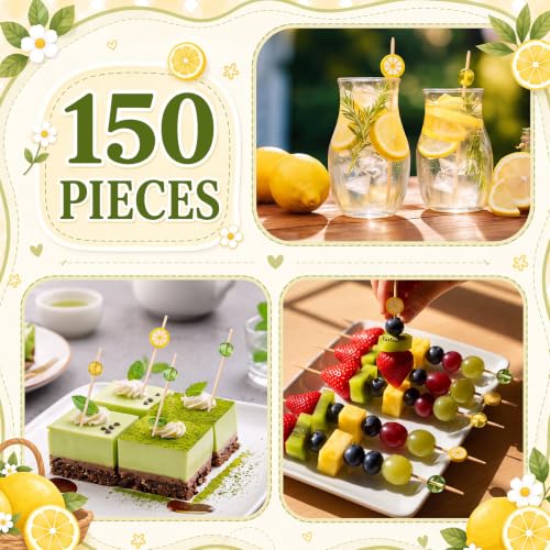 150 Lemon Cocktail Picks Bulk 4.7 Inch Bamboo Toothpicks for Appetizers & Drinks