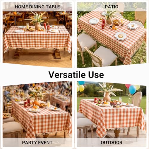 Checkered Fall Tablecloth Rectangle Cotton Linen Gingham with Tassels - Orange 55x102 Inches