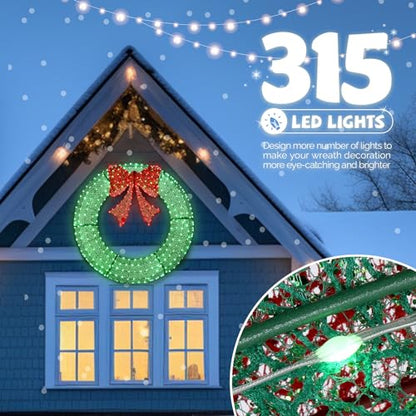 Pre-Lit 48 Inch Outdoor Christmas Wreath with 315 LED Lights - Green and Red
