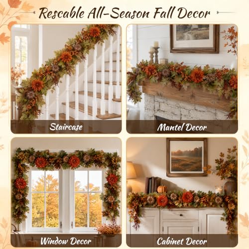 Fall Garland for Mantle 6FT Pumpkin Maple Leaves Autumn Decor - Fall