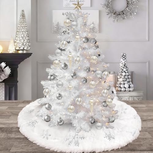 White Faux Fur Christmas Tree Skirt - 15 Inch Snow White Holiday Decor - Silver Trim, Variation: White & Silver 15in
