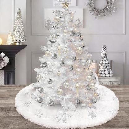 White Faux Fur Christmas Tree Skirt - 15 Inch Snow White Holiday Decor - Silver Trim, Variation: White & Silver 15in