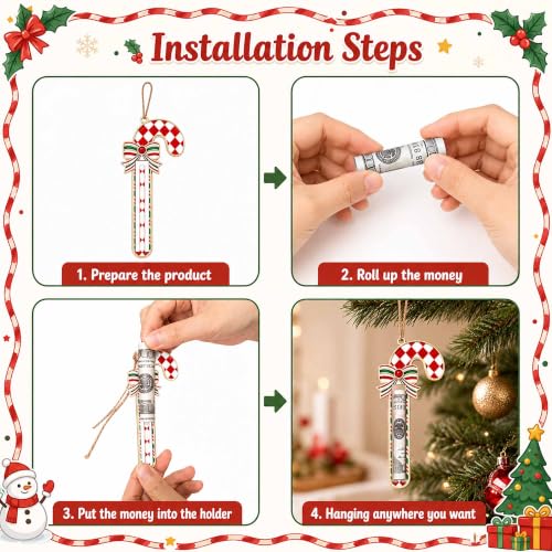 12Pcs Candy Cane Christmas Money Holder Ornaments - Wooden Holiday Gift Decor