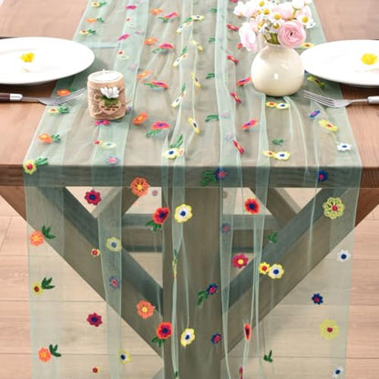 Sage Flower Table Runner Floral Daisy Cheesecloth Wedding Decor - Sage / 1