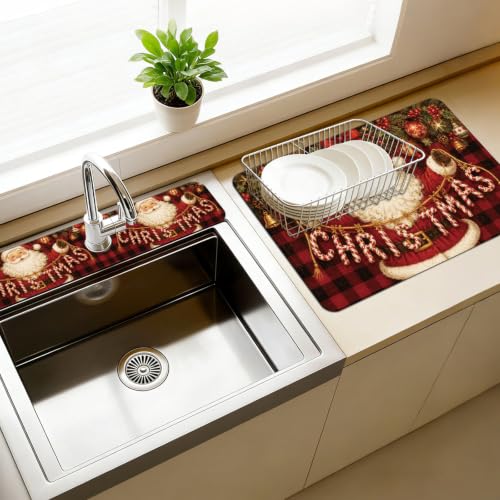 Christmas Santa Claus Sink Splash Guard Mat Set - 3 Pcs Kitchen & Bathroom Absorbing Mats
