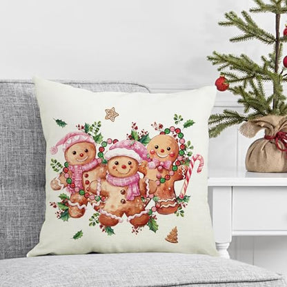 Pink Gingerbread Man Christmas Pillow Cover 18x18 Inch - Holiday Home Decor
