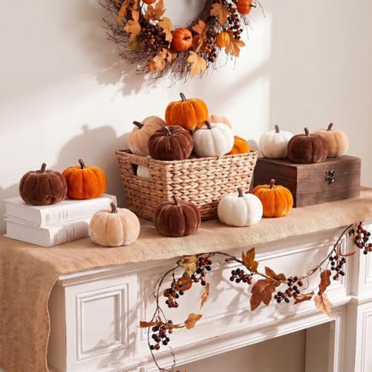 16 Pcs Fall Velvet Pumpkin Decor Assorted Mini Artificial Pumpkins for Autumn Harvest Thanksgiving
