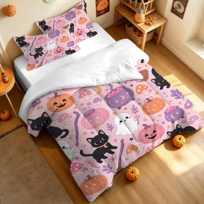 Pink Halloween Bedding Set 3-Piece Comforter & Pillowcases for Girls - Ghost & Cat Design, Full Variation