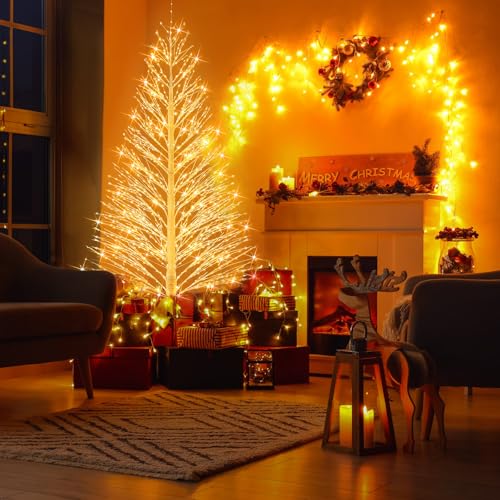 Rossesay 6ft LED Birch Tree with Warm White Lights - Outdoor Christmas Decoration, 8 Lighting Modes, Waterproof, Easy Installation (Variation: 1 / 6ft-1100led)