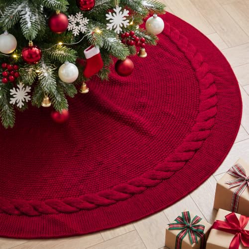 Benjia 48 Inch Knitted Christmas Tree Skirt Red 120cm Rustic Holiday Decor