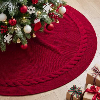 Benjia 48 Inch Knitted Christmas Tree Skirt Red 120cm Rustic Holiday Decor