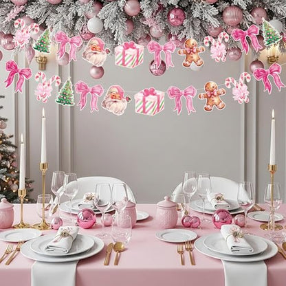 Pink Christmas Paper Garland with Santa & Bow - 2 Pack, 6.56 Ft Each - Holiday Decor