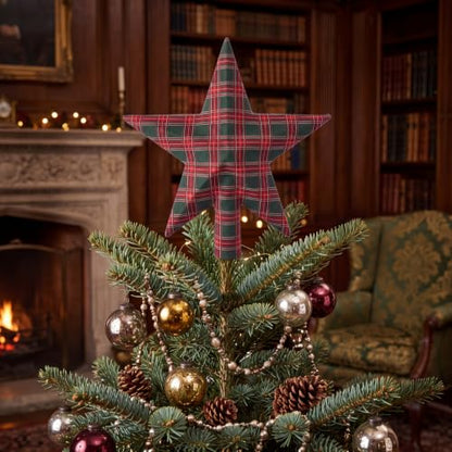 7.9 Inch Christmas Green Red Tartan Plaid Star Tree Topper - Rustic Holiday Decor