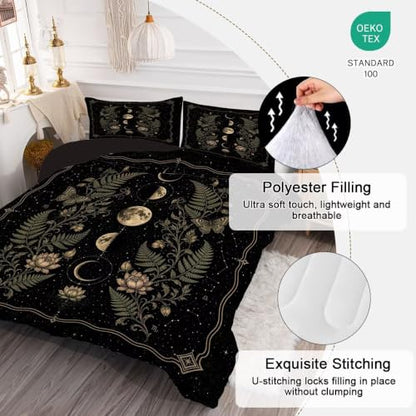 Moon Phase Queen Comforter Set - Celestial Bedding with Botanical Design - Variation Moon 01