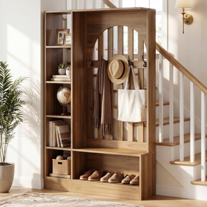 Room Divider with Storage Shelves and Bench - Freestanding Coat Rack & Open Shelves