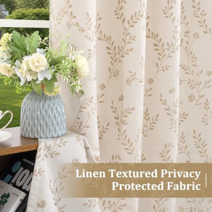 LAMIT Beige Leaf Pattern Linen Curtains 52W x 84L Set - Living Room