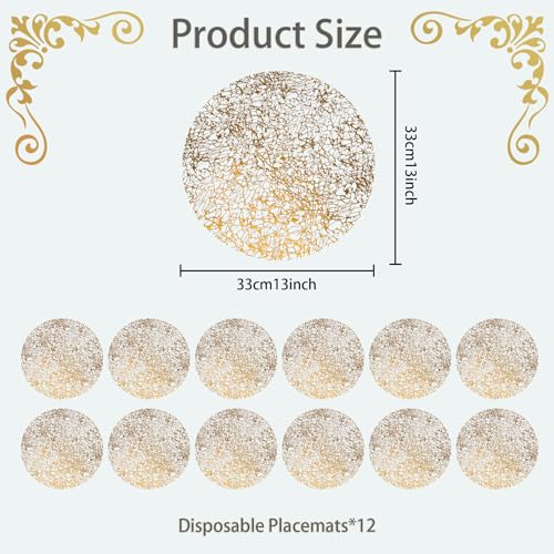 Gold Mesh Disposable Round Placemats Set of 12 - Elegant 13 Inch Holiday Table Decor