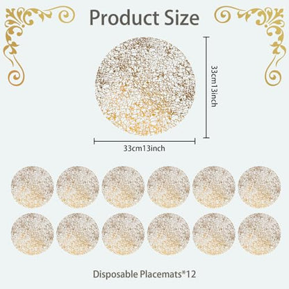 Gold Mesh Disposable Round Placemats Set of 12 - Elegant 13 Inch Holiday Table Decor