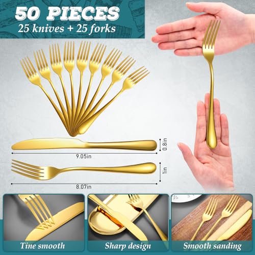 Nuenen Gold Stainless Steel Forks and Knives Set - 50 Pieces, Variation 8.07 x 0.94 & 9.06 x 0.79 Inches