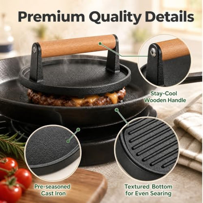 Cast Iron Burger Press Kit with Patty Maker & Steak Weight - Smashing & Grilling