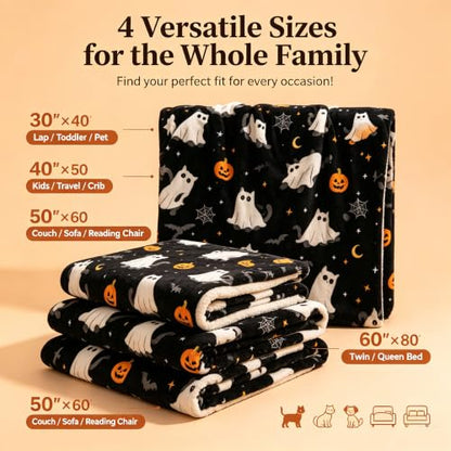 Halloween Throw Blanket Grid Pumpkin Cat Bat Ghost Flannel Design09 - Cozy Festive Home Decor Gift