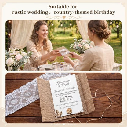 50-Piece Rustic Burlap Wedding Invitation Jackets with Lace & Rope Kit