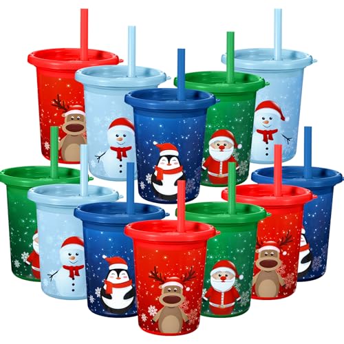 Christmas Plastic Cups with Straws and Lids - 10 Oz 12 Pack