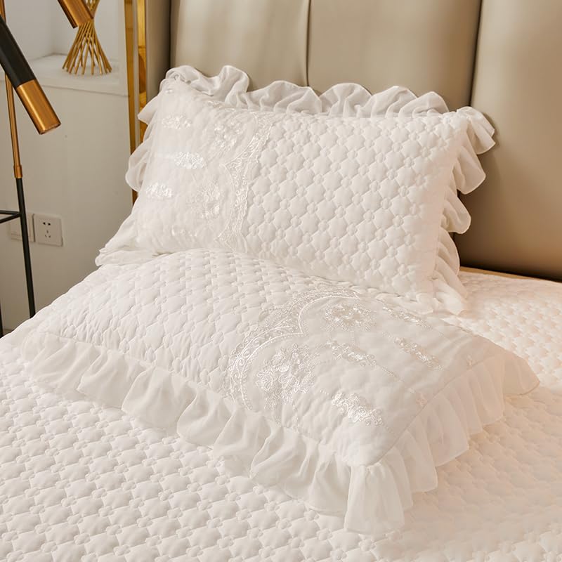 White Quilted Ruffle Pillowcases Set of 2 with Lace Decor – Elegant Bedroom Bedding