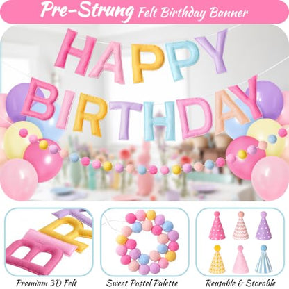 Pastel Rainbow Happy Birthday Banner Set with Party Hats - Soft Colors